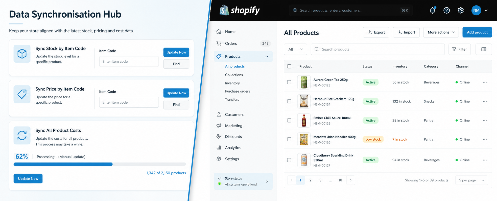 Shopify online shop for a food and drink retailer, connected to its ERP